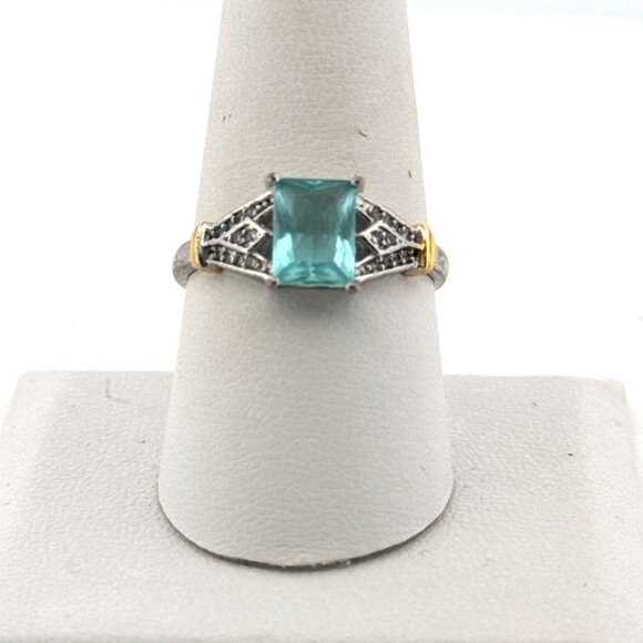 Estate Fashion Ring Size 9 Blue Gemstone Two-Tone Silver Gold Accents 2.2g - Picture 1 of 8